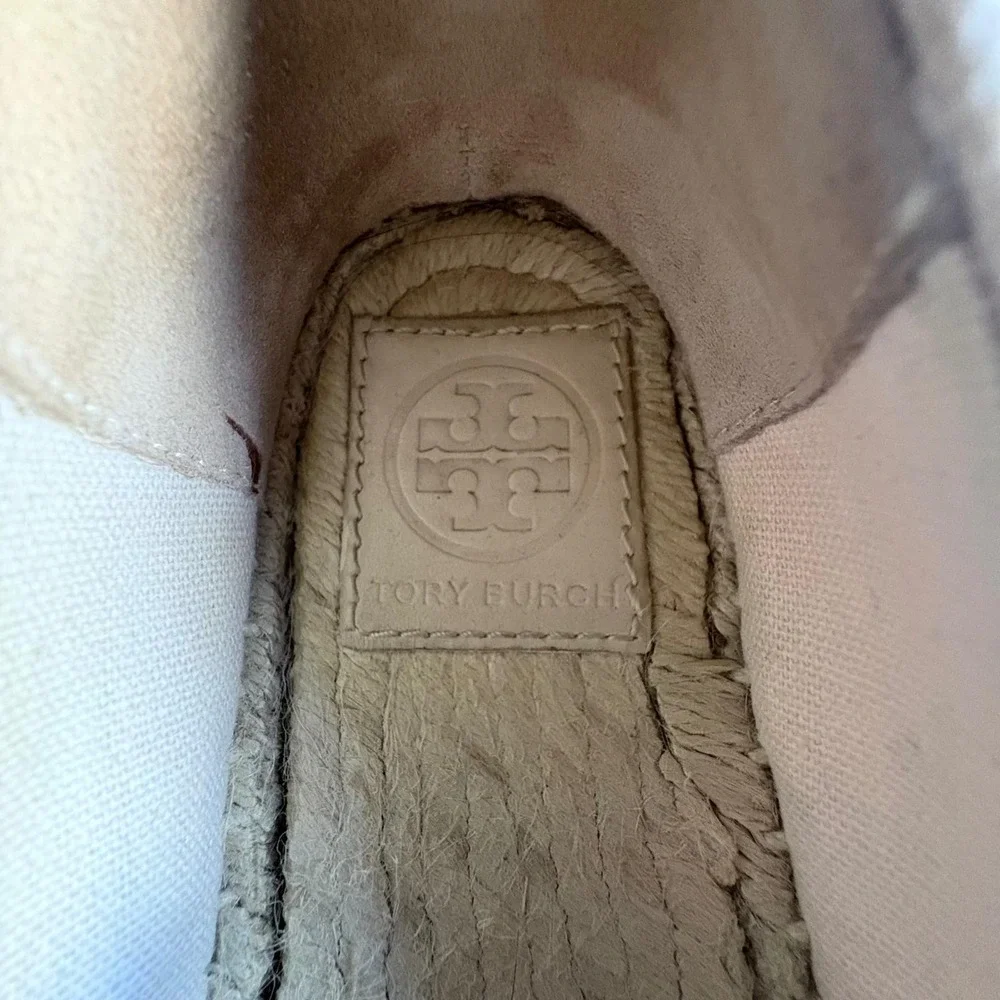 $198 TORY BURCH Espadrille Flats Canvas Cream & Black Toe w/Logo Women's‎ Sz 7.5